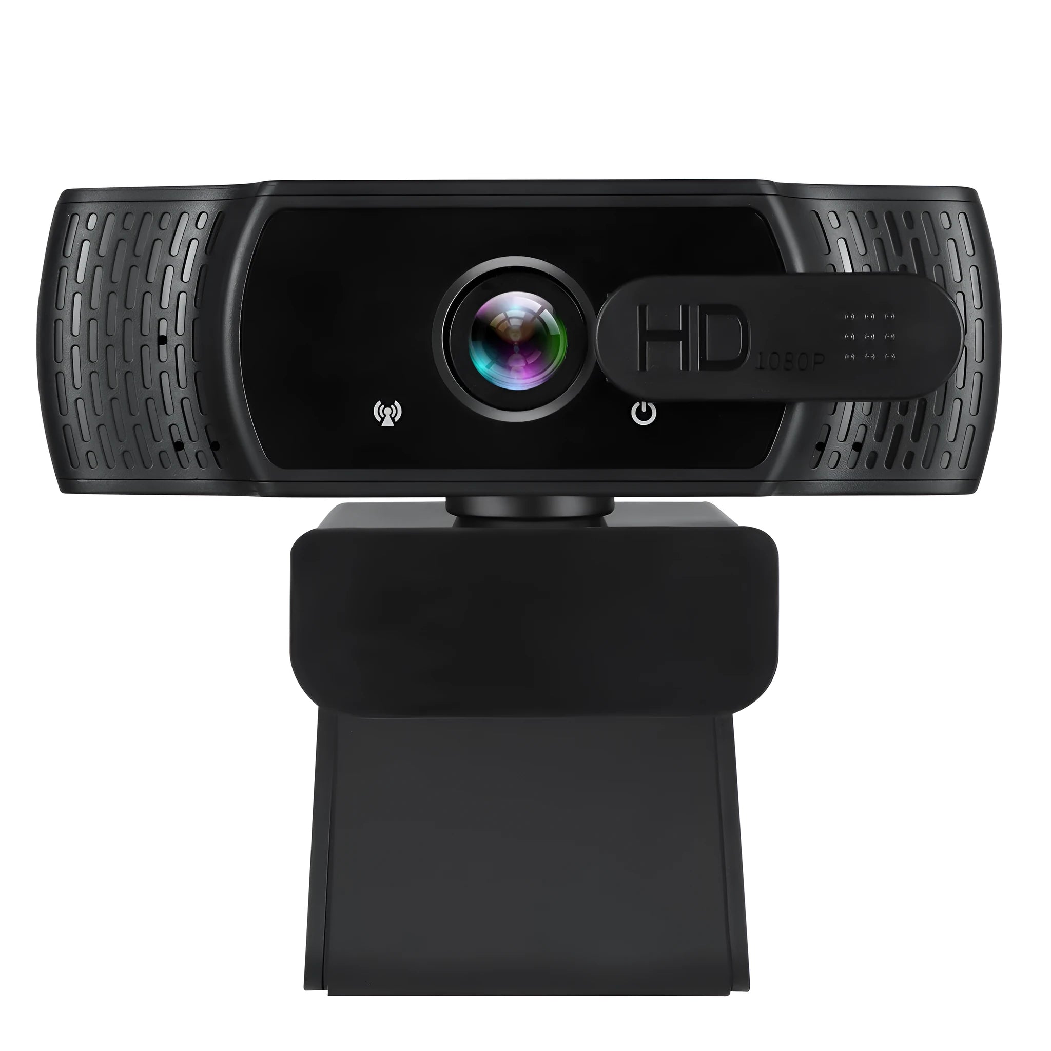 Black USB webcam with built-in microphone on a laptop screen, showing 360-degree rotation.
