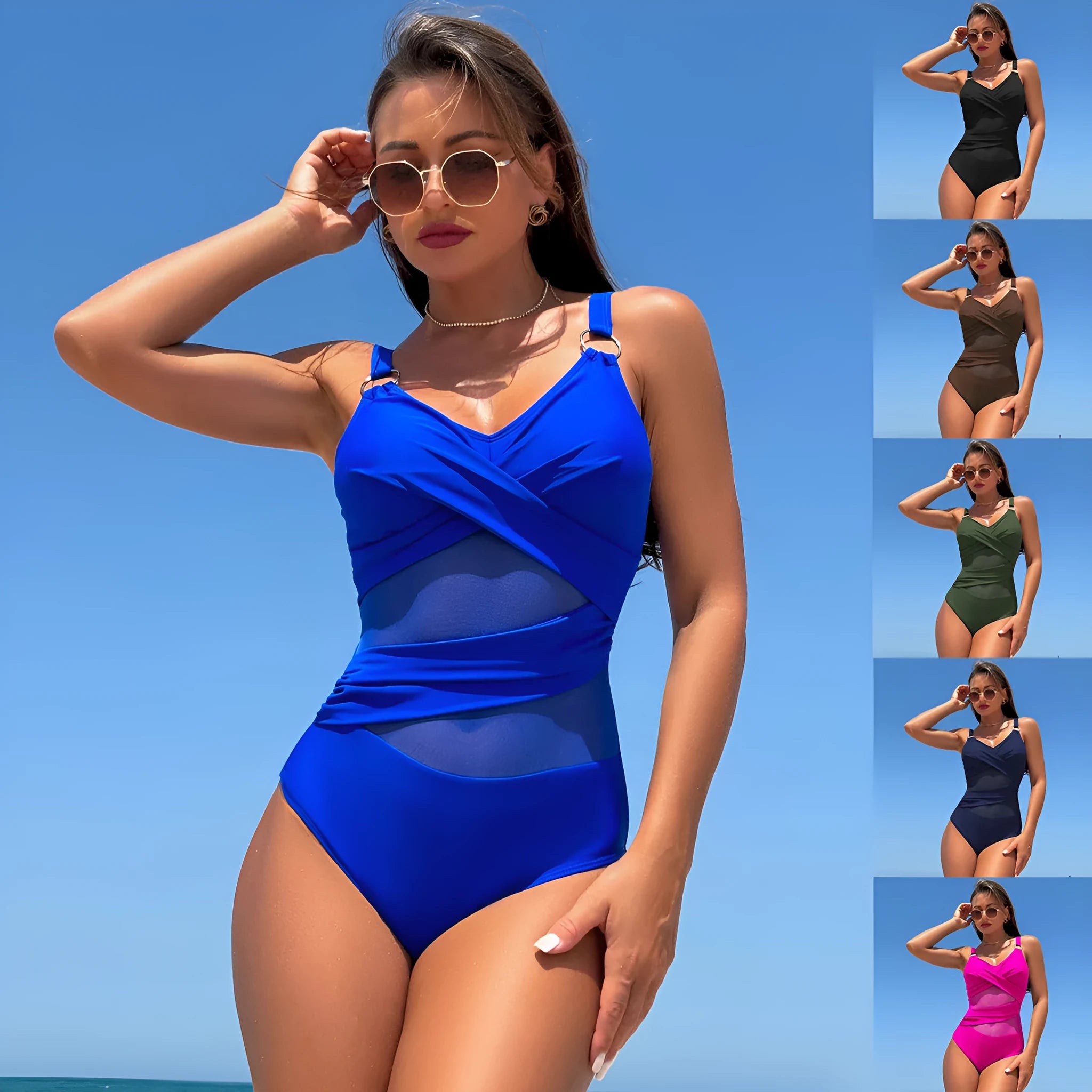 Women's solid colour one-piece swimsuit in quick-dry fabric showing multiple colour options