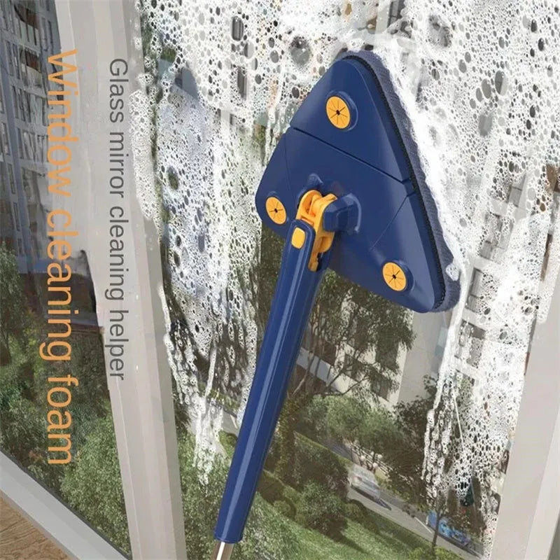 Blue and white extendable triangle cleaning mop with rotating head on a stainless steel pole.