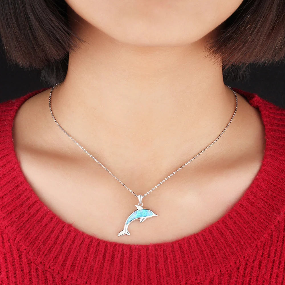 Ocean Dolphin Pendant Copper Necklace with opal detail on a copper chain
