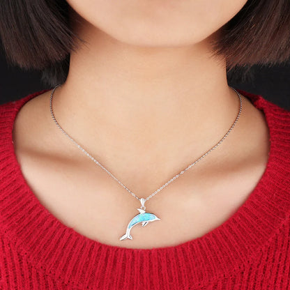 Ocean Dolphin Pendant Copper Necklace with opal detail on a copper chain
