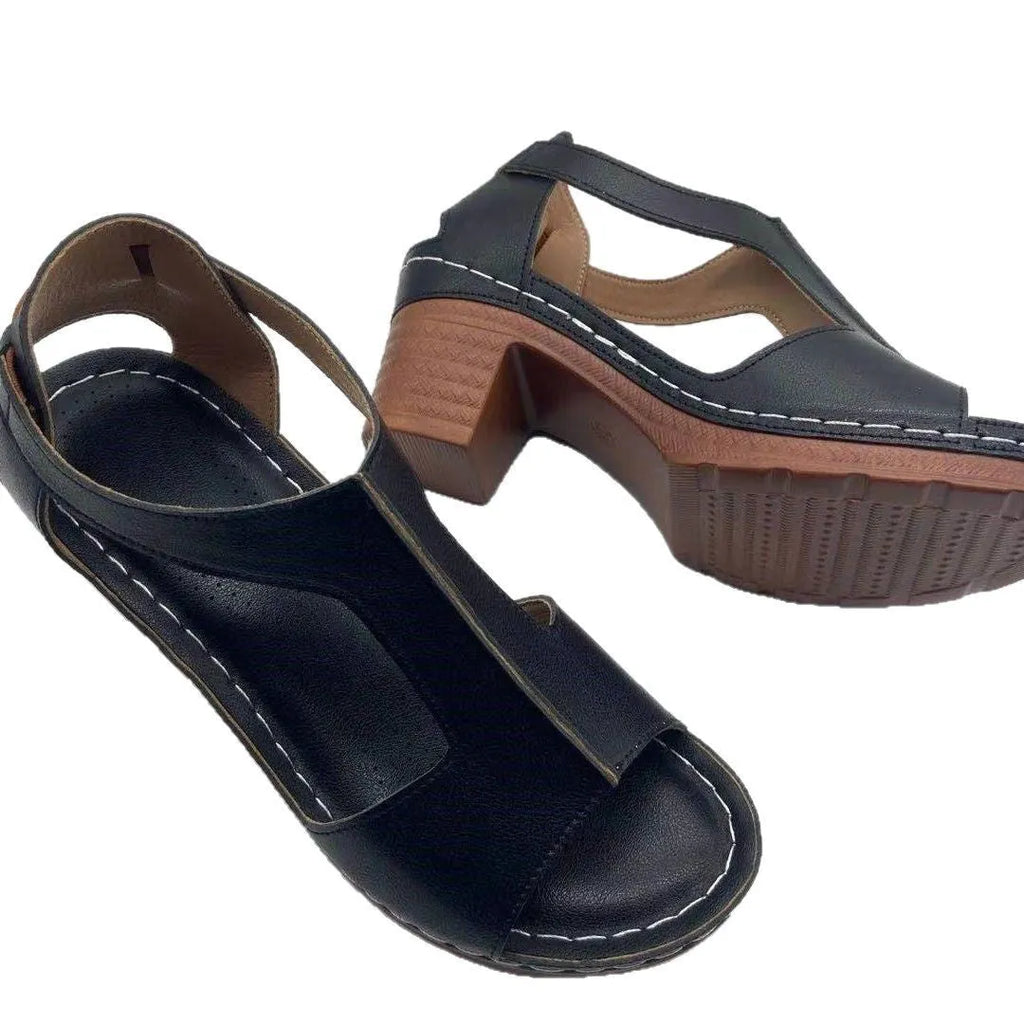 Women's peep toe Roman wedge sandals with buckle strap in light brown
