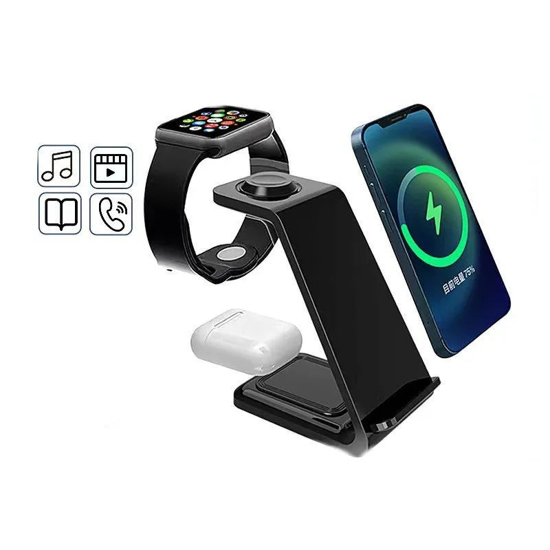White 3-in-1 upright wireless charging stand holding a mobile phone at an angle