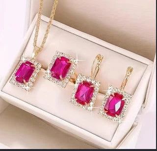Elegant three-piece alloy jewellery set with diamond treatment in seven colours
