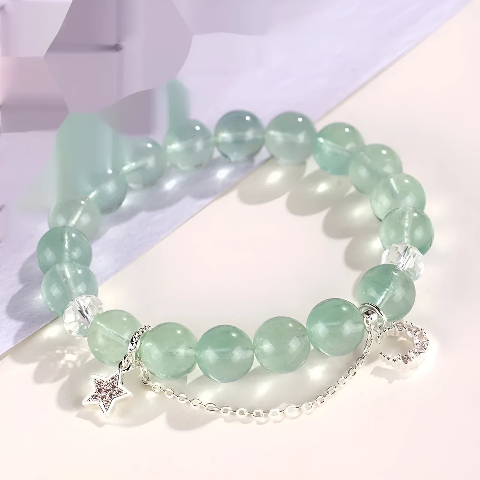 Green fluorite and white crystal princess bracelet with electroplated finish and Korean diamond style