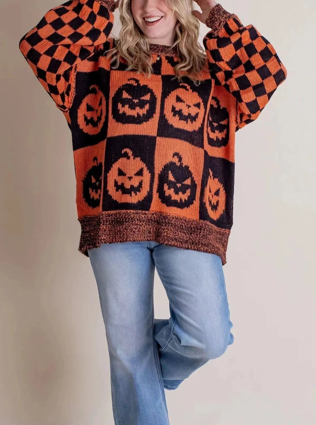 Halloween-themed pumpkin ghost knitted sweater for women in various colours