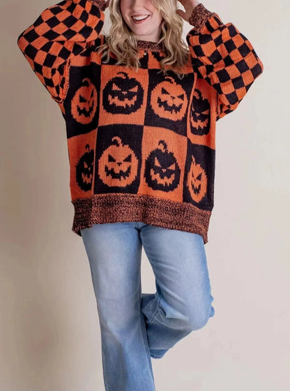 Halloween-themed pumpkin ghost knitted sweater for women in various colours