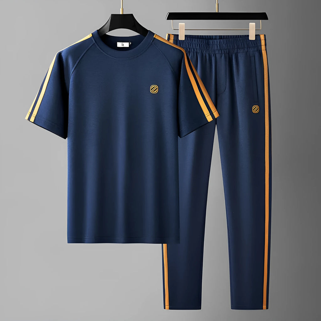 Men's blue short sleeve suit set with matching trousers in ironing-free ice silk style fabric