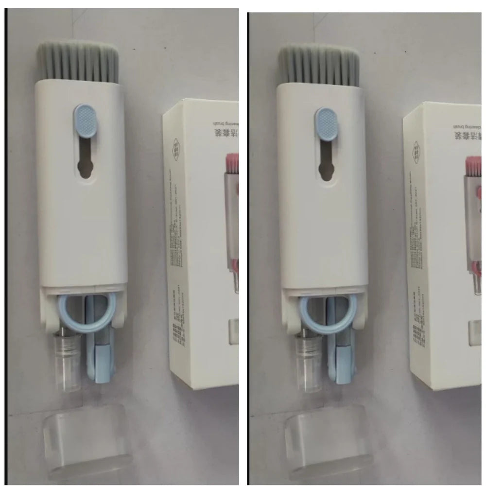 Pink and blue computer cleaning pen set with brush, keycap tool, and empty spray bottle