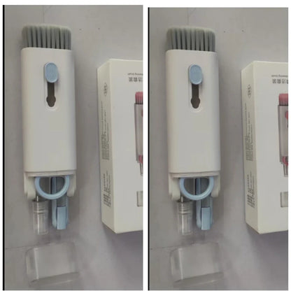 Pink and blue computer cleaning pen set with brush, keycap tool, and empty spray bottle