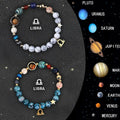 Two natural stone beaded bracelets with zodiac sign symbols on an adjustable string cord.