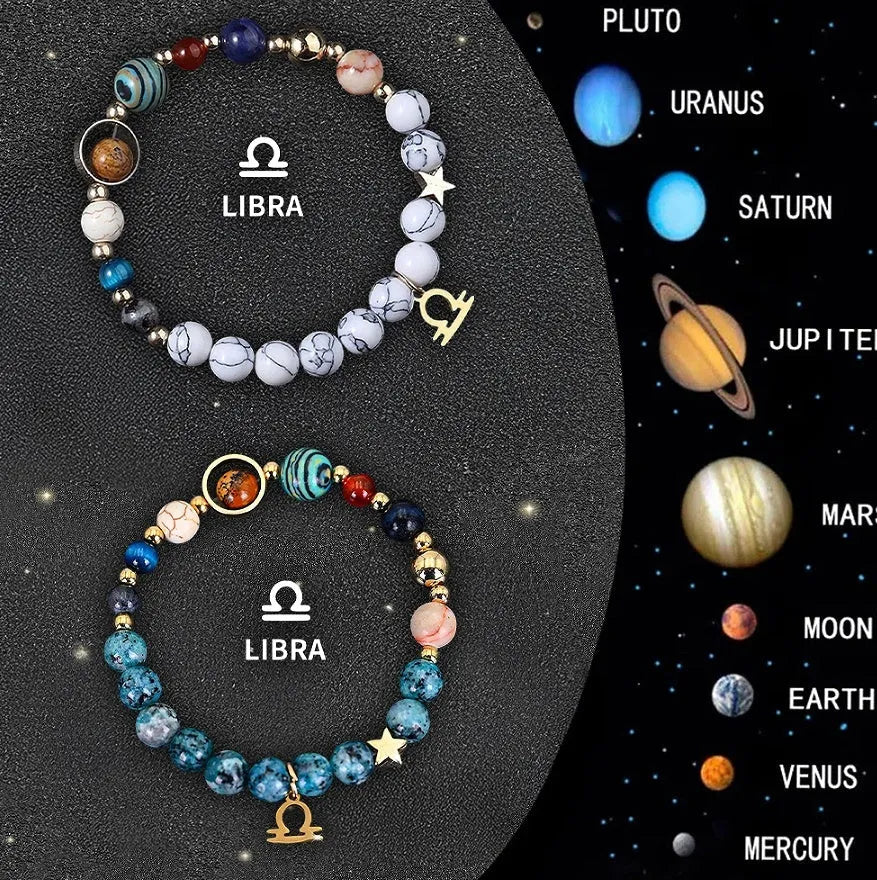 Two natural stone beaded bracelets with zodiac sign symbols on an adjustable string cord.