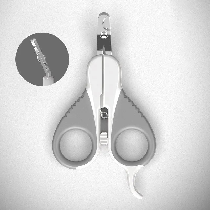 Grey and pink angled cat nail clippers with safety guard and non-slip rubber handles.
