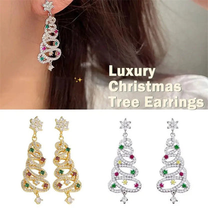 Festive Christmas tree tassel earrings with colorful zircon inlays