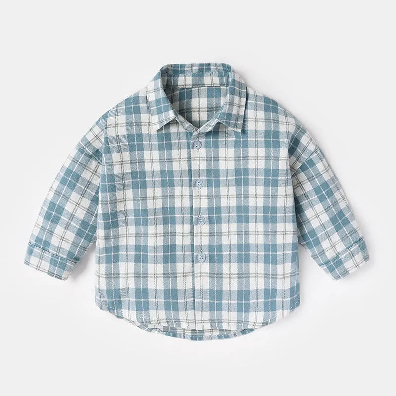 Boys long sleeve cotton shirt with lattice pattern in khaki, light blue, pink, and yellow colours.