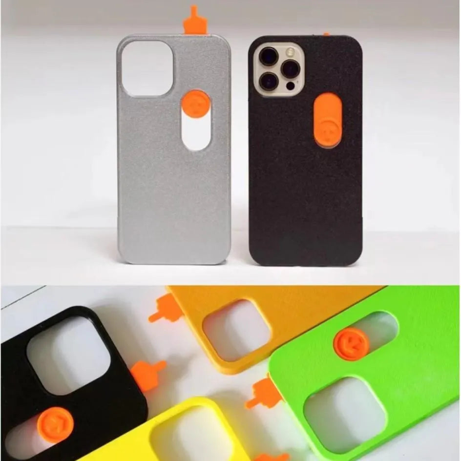3D printed sliding middle finger phone case in bright yellow for iPhone 15 Pro Max with fall protection