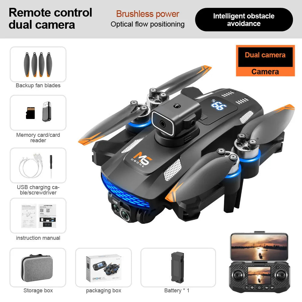 Black UAV drone with 8K camera, brushless motor, and obstacle avoidance optical flow system