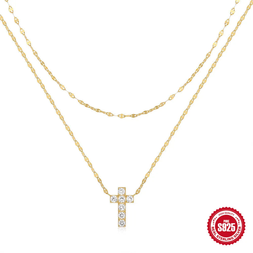 S925 sterling silver double layer twin diamond cross pendant on a clavicle chain.