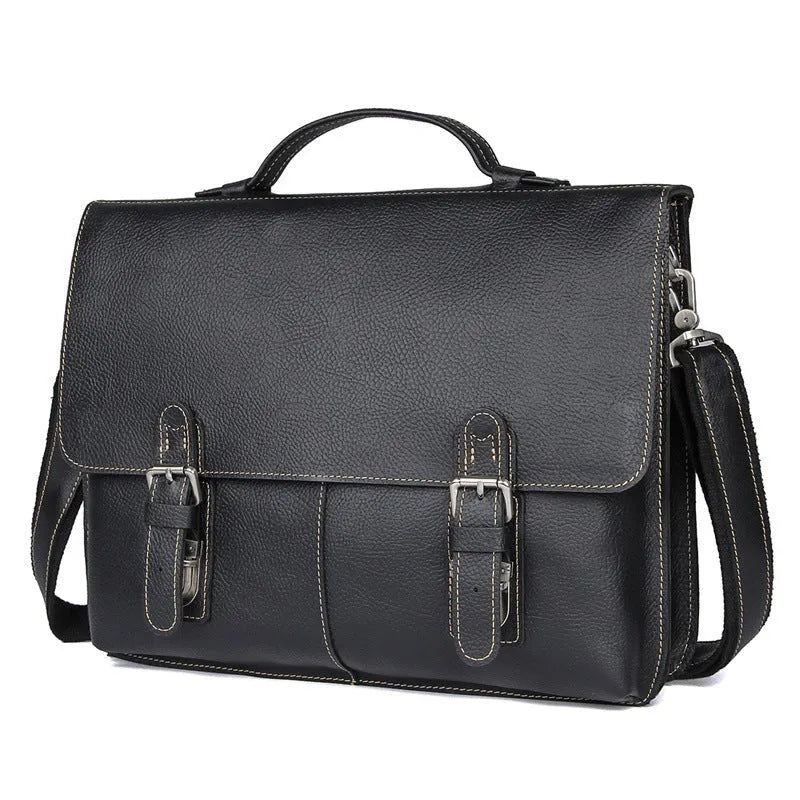 Men's retro brown leather business briefcase with adjustable shoulder strap, 38cm length, holds a 15.6-inch laptop.