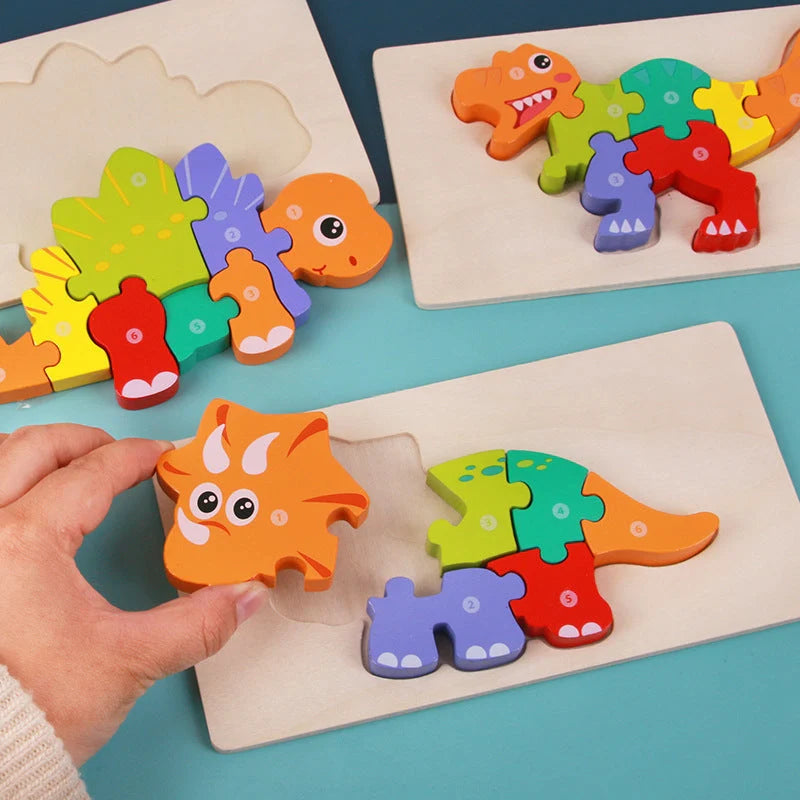 Sustainable wooden dinosaur 3D puzzle set for children, including six different models.