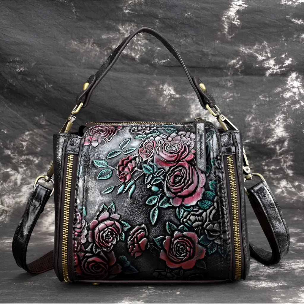 Brown genuine leather women's shoulder bag with square vertical shape and internal organiser pockets.