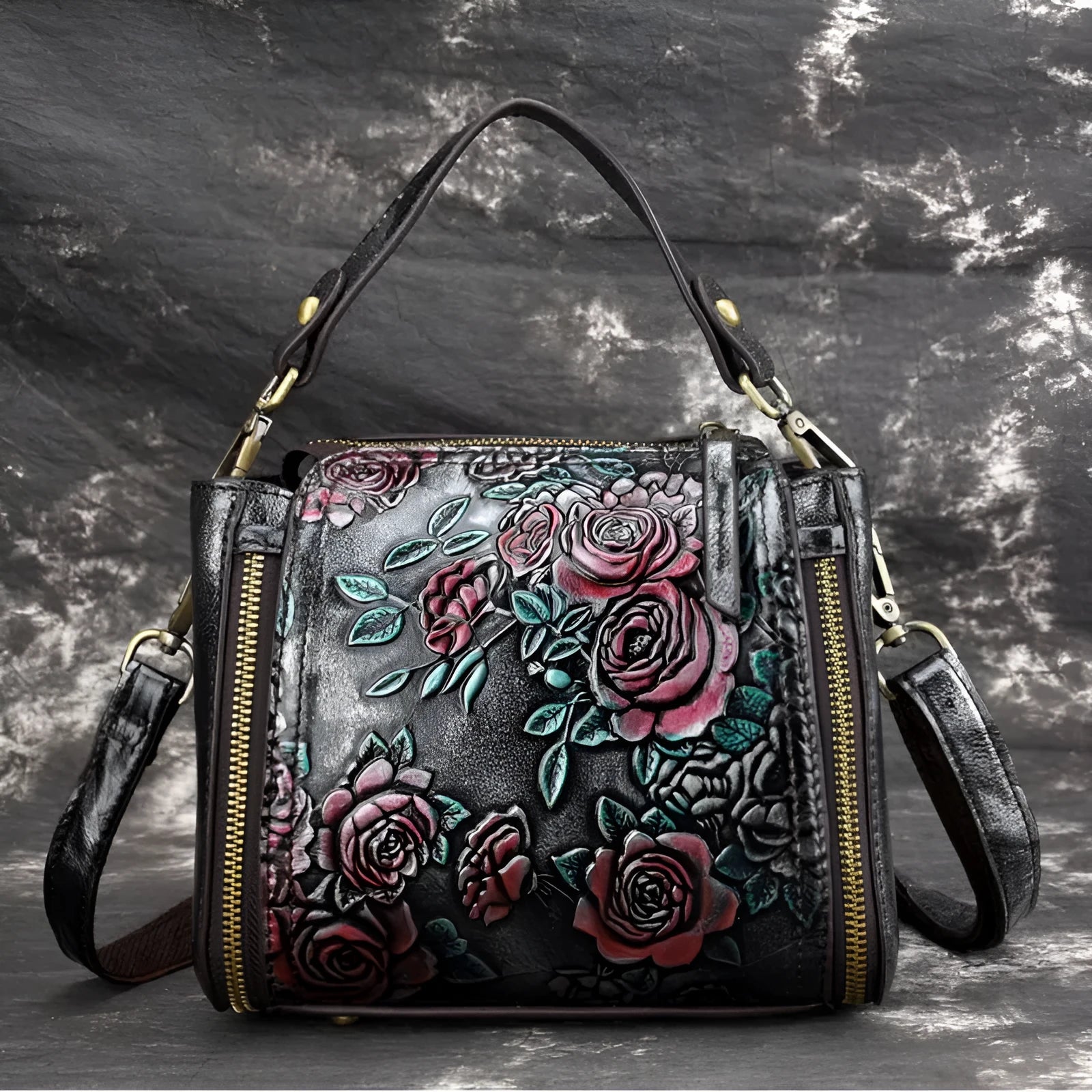 Brown genuine leather women's shoulder bag with square vertical shape and internal organiser pockets.