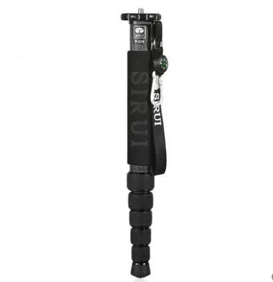 Black carbon fibre SLR camera monopod shown collapsed and extended.
