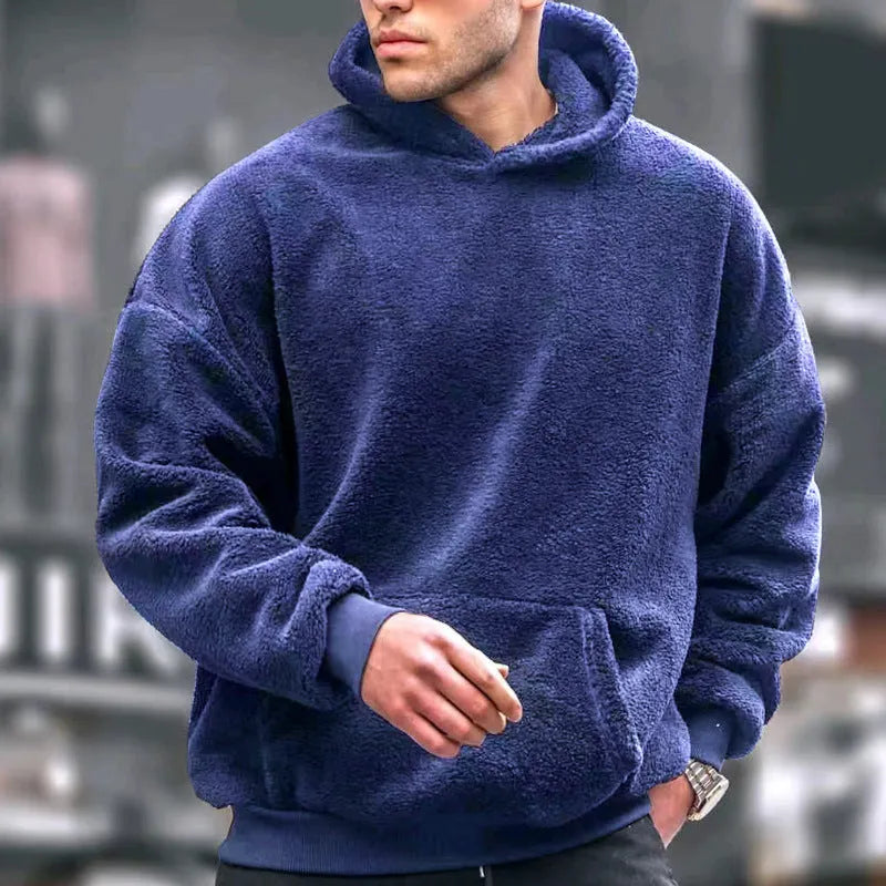 Men's fleece-lined lamb wool hooded sweater in black, front view, with hood and patch pockets