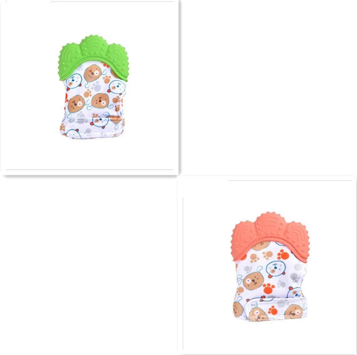 Baby silicone molar teething gloves in various colours with secure Velcro strap