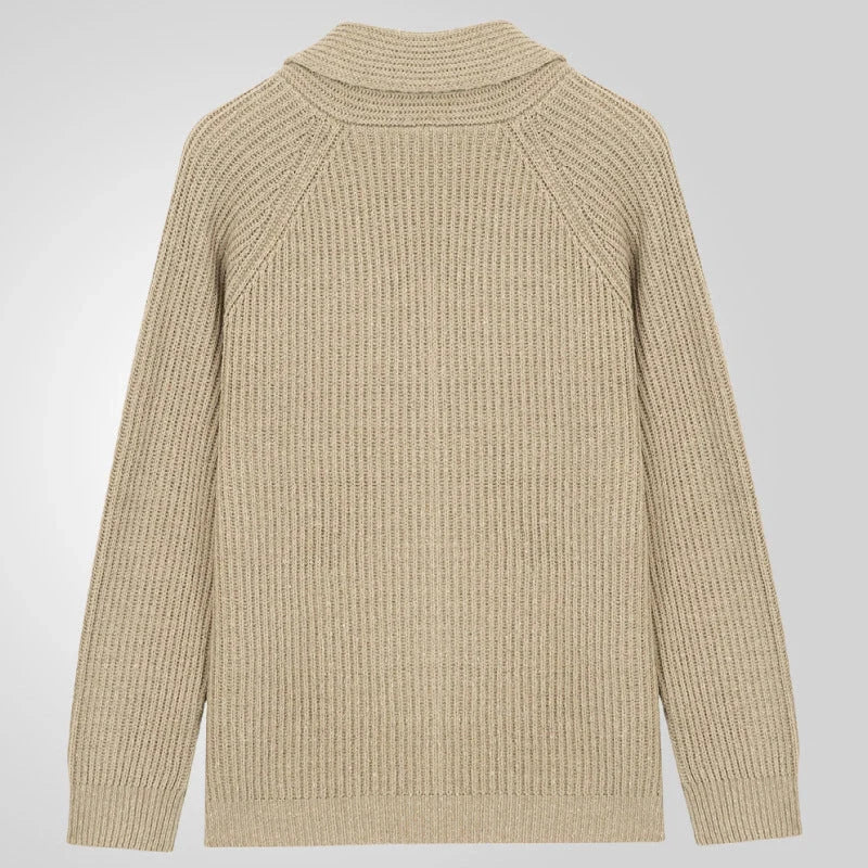 Men's khaki lapel knitting cardigan with pockets, long sleeves, and straight cut design