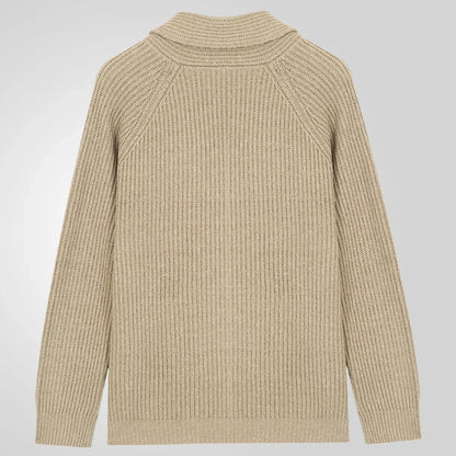 Men's khaki lapel knitting cardigan with pockets, long sleeves, and straight cut design