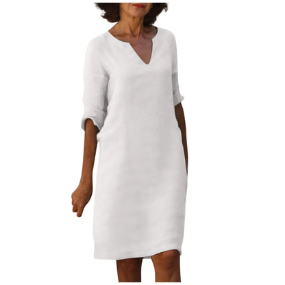 Cotton and linen V-neck dress with retro high waist design in various colours