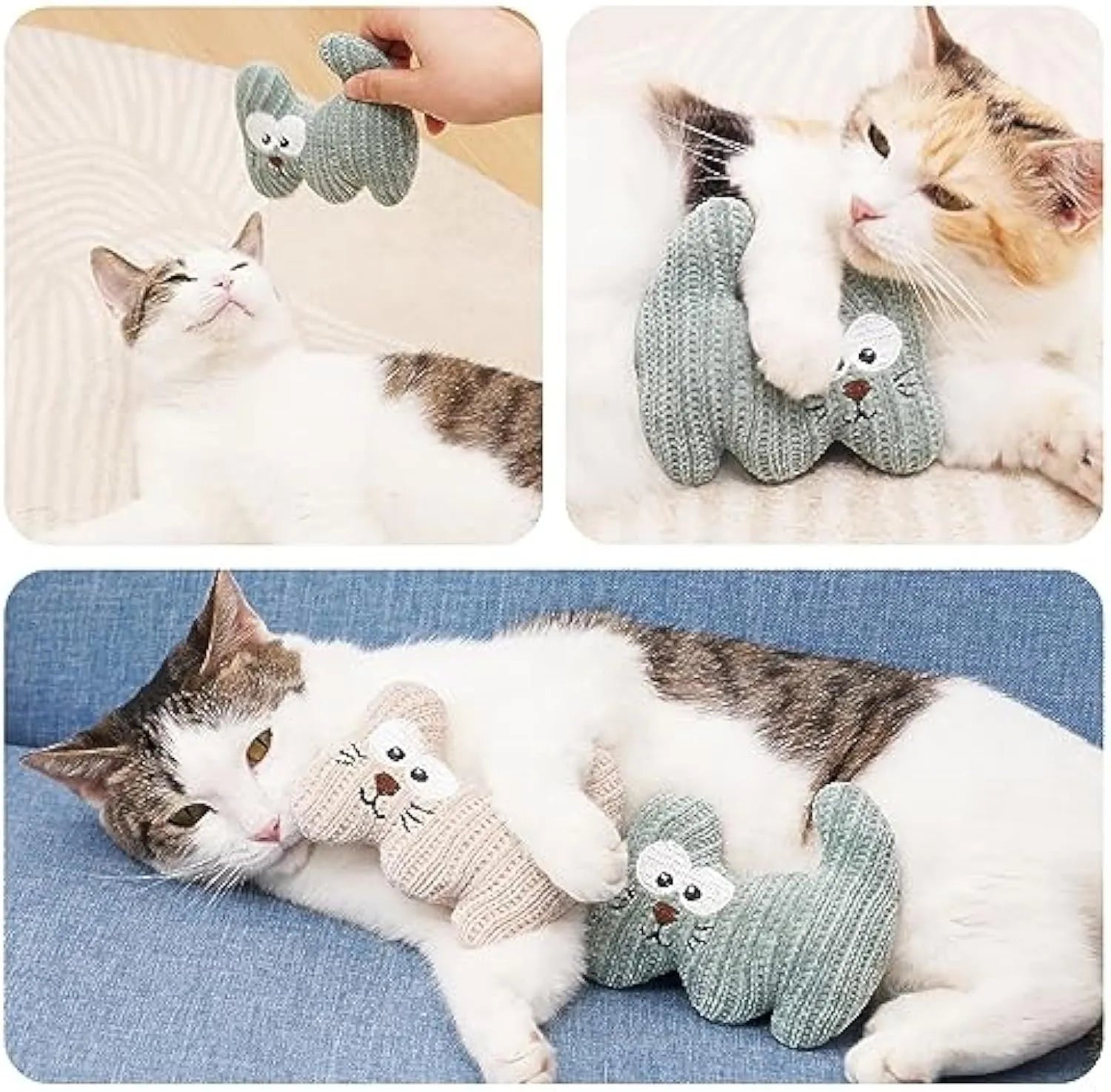 Cyan and light coffee coloured catnip plush rope chew toy with bell for cats on white background
