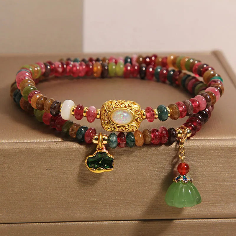 Double ring rainbow tourmaline abacus beads bracelet with lotus leaf and lotus seedpod design for women