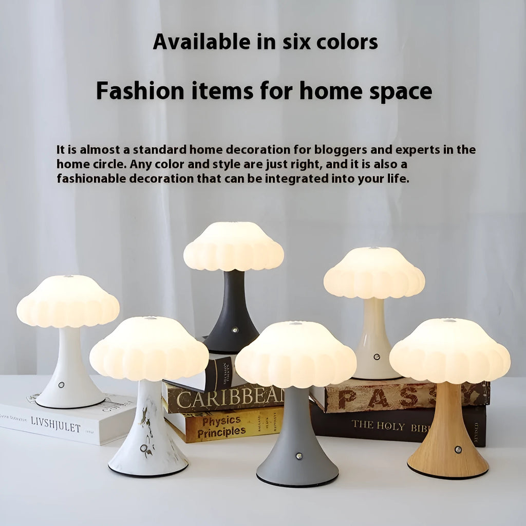 Wooden grain finish mushroom-shaped touch control night lamp on a table