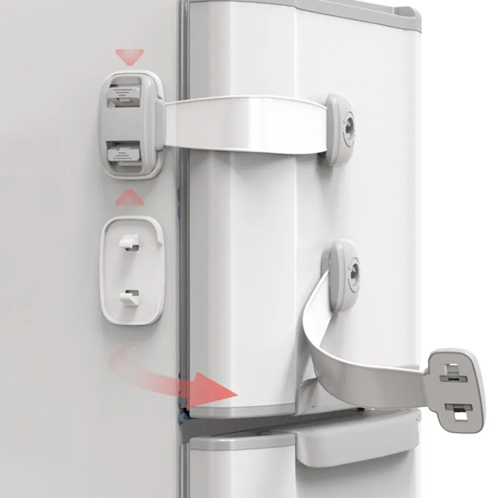 Adjustable child safety lock with strap shown securing a cabinet door using 3M adhesive