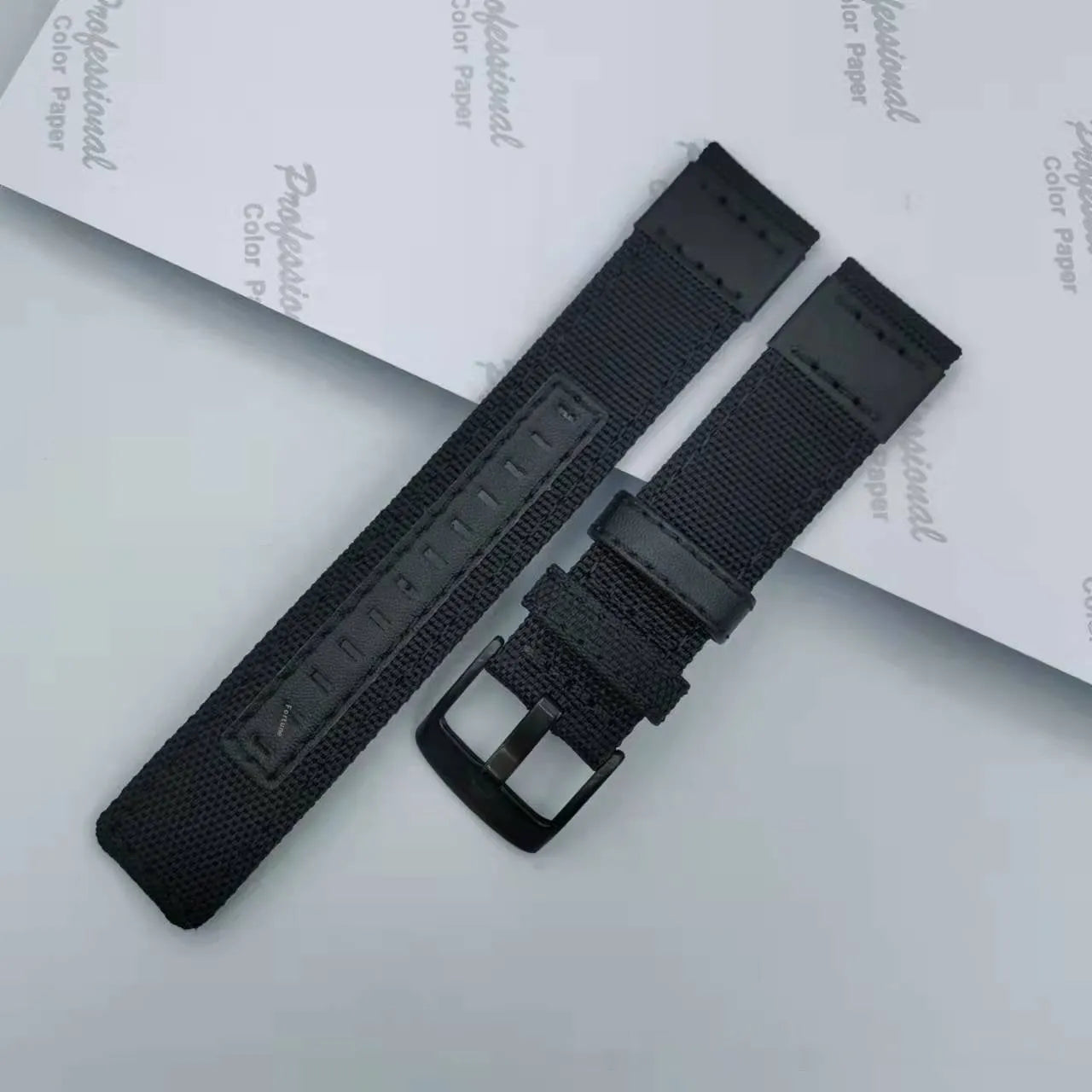 Oxford cloth canvas watch strap shown in multiple colour options including army green, black, and camouflage.