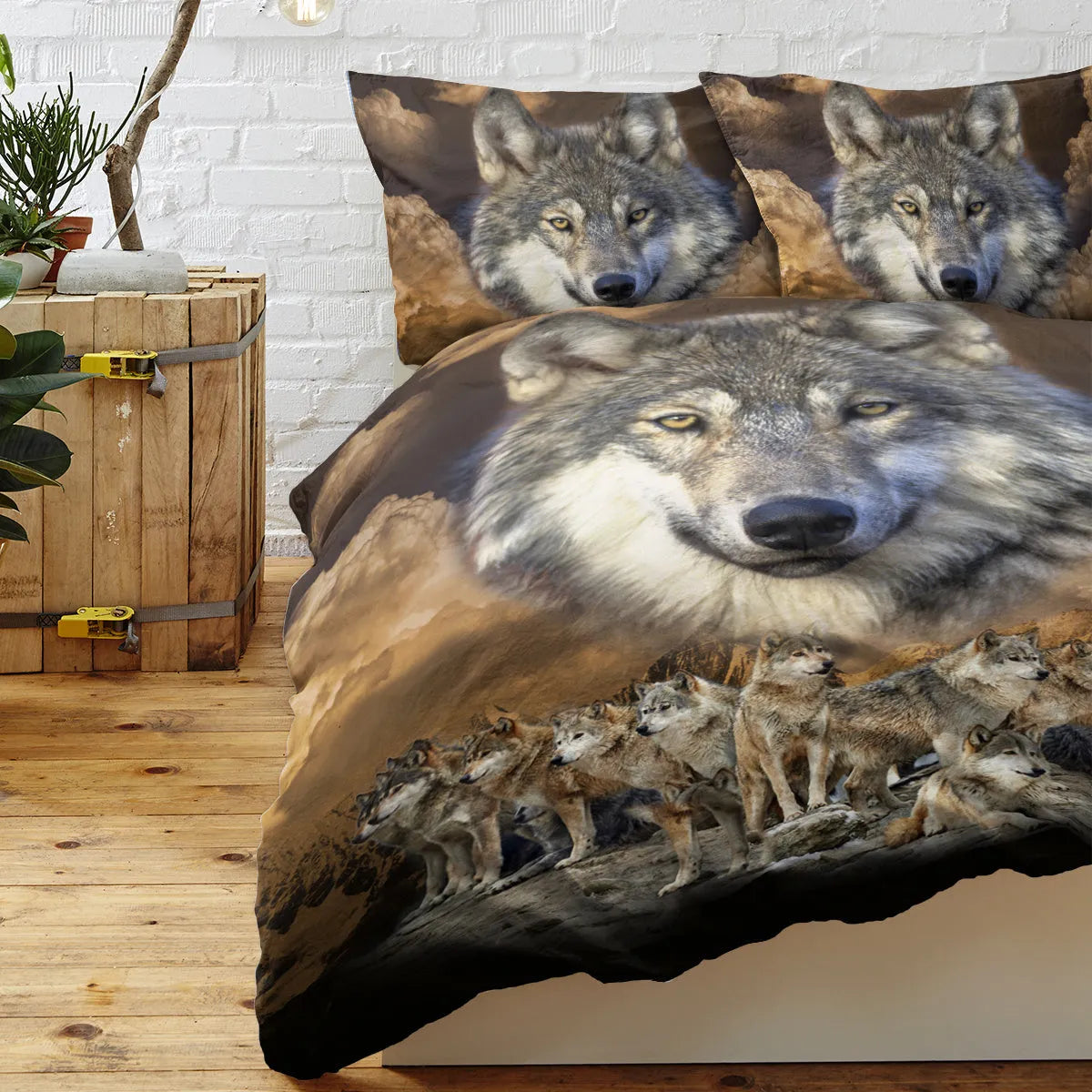 Brown wolf pack design 3 piece bedding set with microfiber comforter and two pillow shams