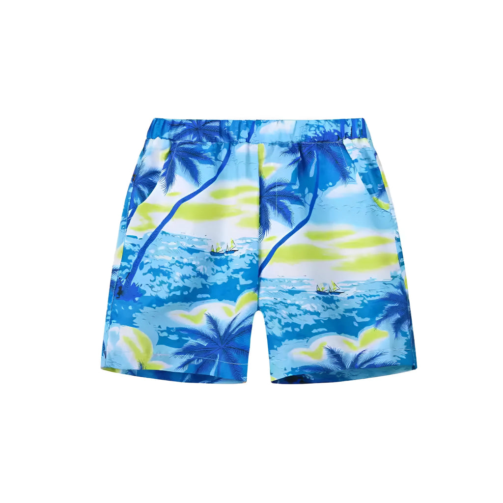 Children's colourful printed beach shorts with hairband belt waistband in coconut tree design
