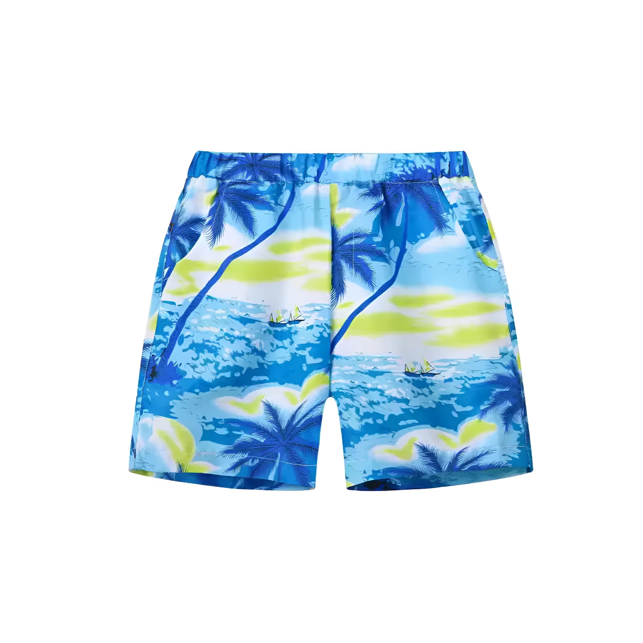 Children's colourful printed beach shorts with hairband belt waistband in coconut tree design