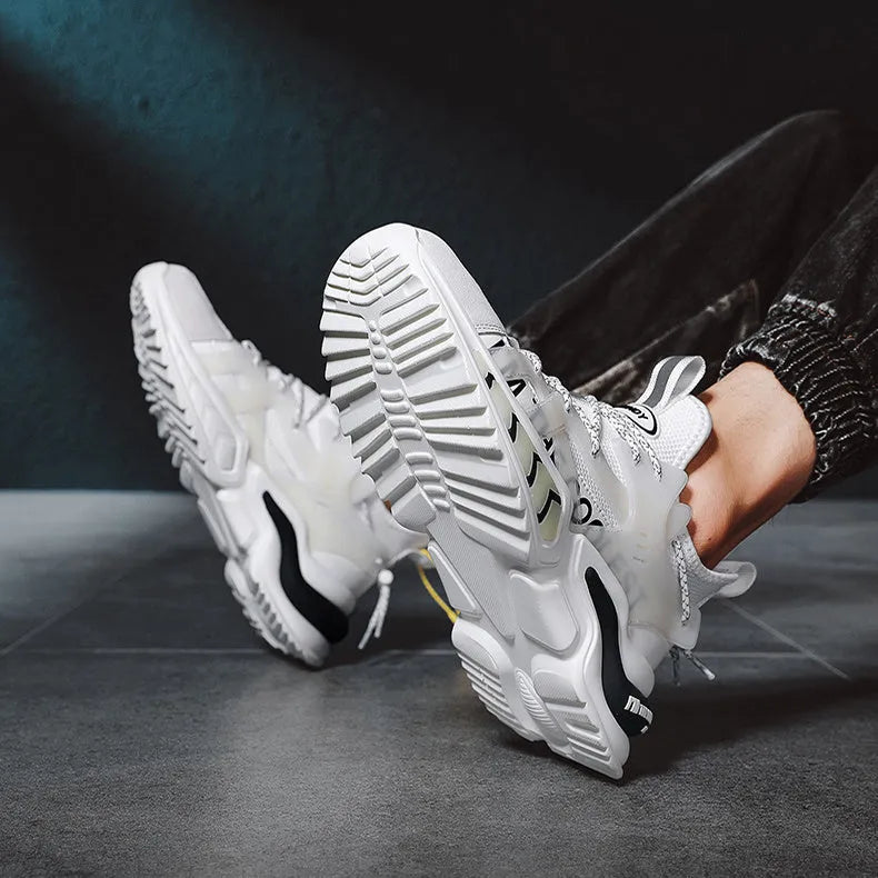 Men's fashion high top sneakers in white with PU mesh upper and thick sole for running and walking