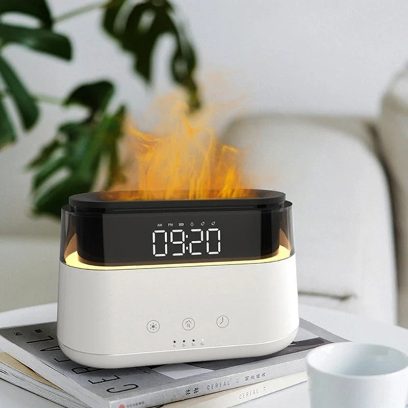 White flame humidifier with clock and aroma diffuser for home use