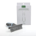 Pet double row comb brush in blue plastic on white background