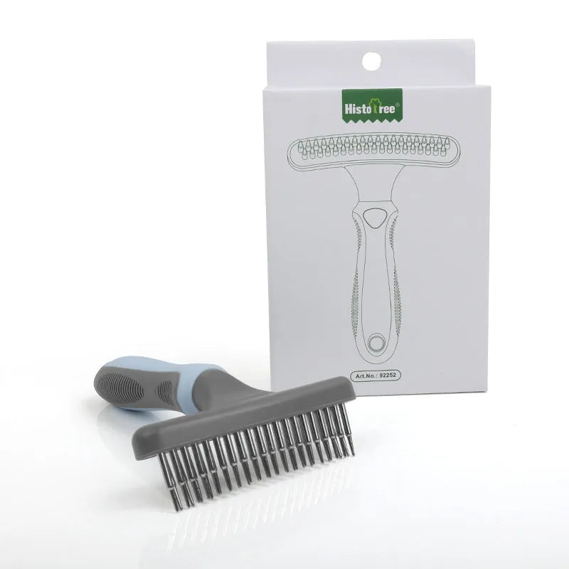 Pet double row comb brush in blue plastic on white background