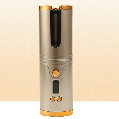 Wireless mini USB hair curler with gold spray paint shell showing 21-30mm barrel and temperature control buttons