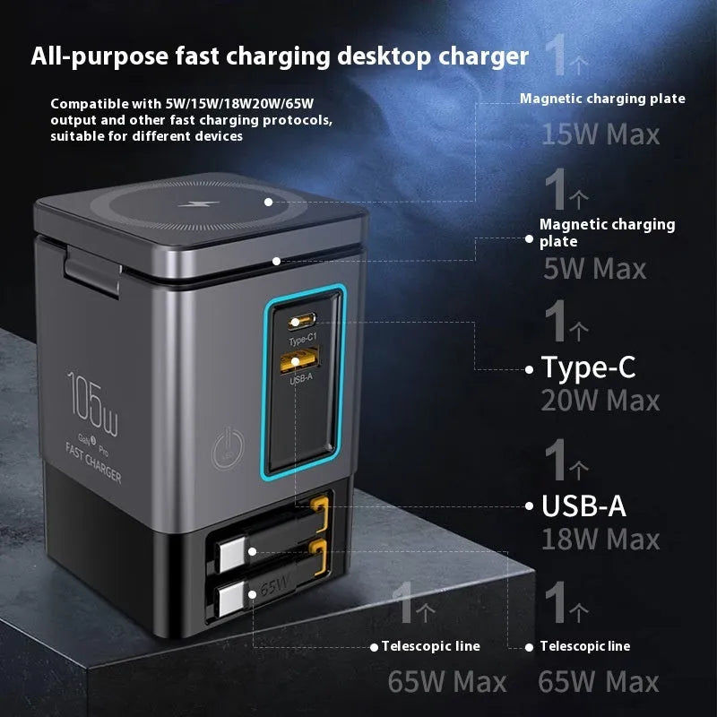 105W Multifunctional Magnetic Wireless Gallium Nitride Charger in black plastic with UK plug