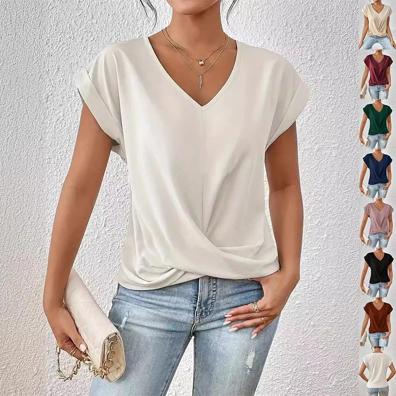 Women's summer casual short-sleeve T-shirt with unique irregular knot design in various colours