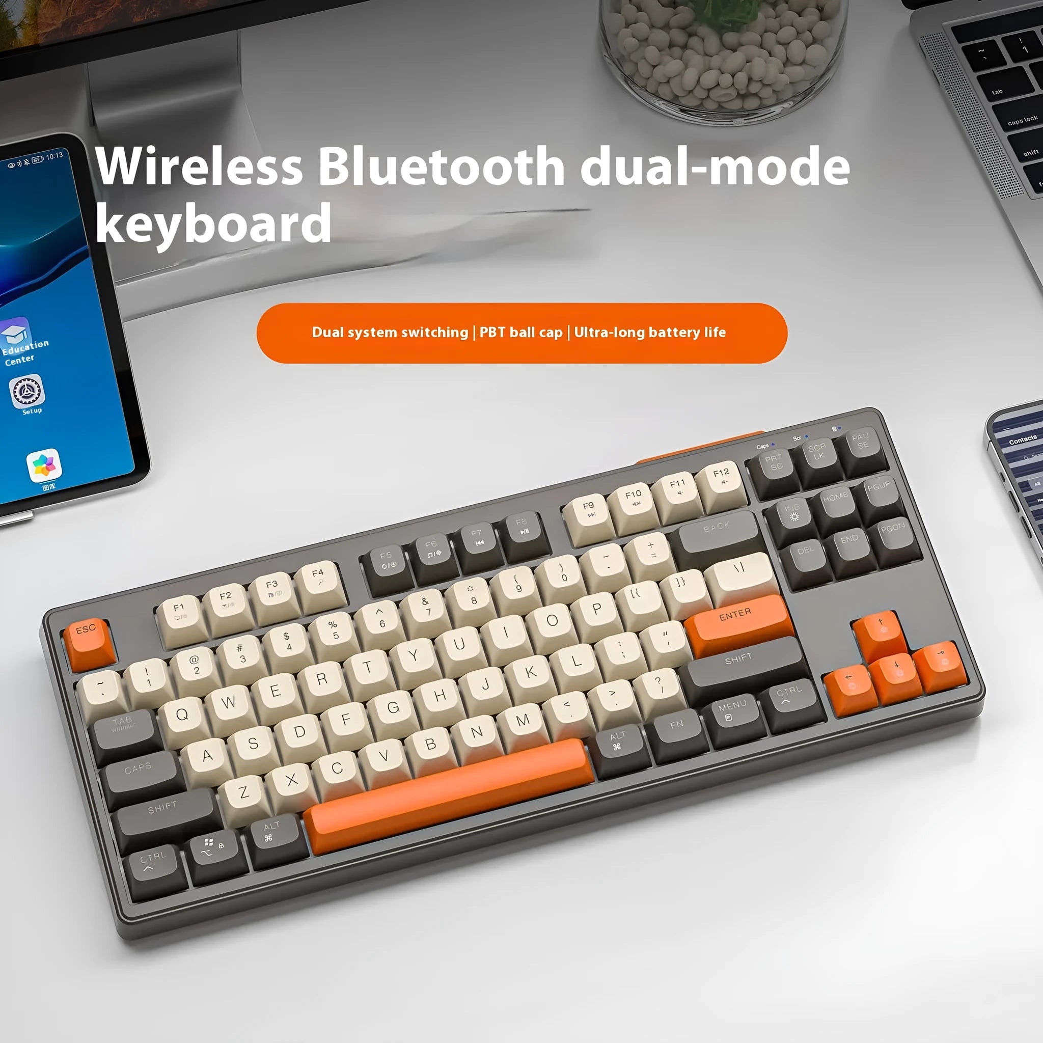 Free Wolf M87 wireless Bluetooth dual-mode keyboard shown in one of four colour options: blueberry, cheese, coffee, or shimmer.