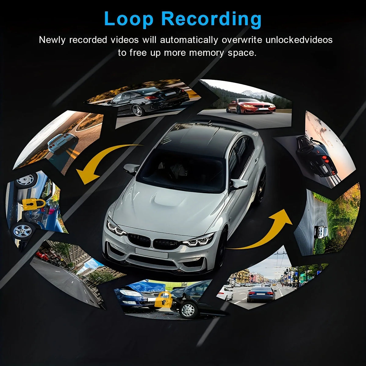 Car driving recorder with 1080p night vision and 360-degree camera on car windscreen