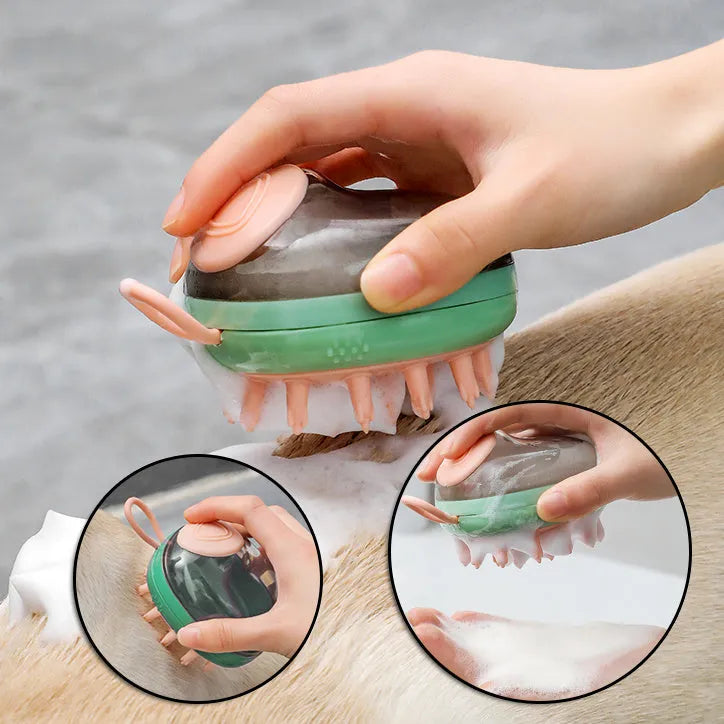 Blue pet bathing brush with shampoo dispenser and silicone bristles for cats and dogs